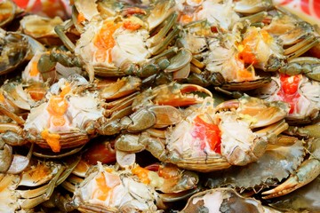 spicy pickled crab and eggs close up
