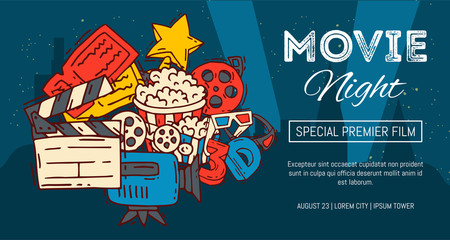 Cinema festival poster flyer media production background vector. Sale ticket banner. Movie time and entertainment concept. Camera cinematography advertising flat illustration.