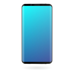 Smartphone mockup with blue gradient screen on white background. Black color digital gadget template. Modern phone. Vector illustration.