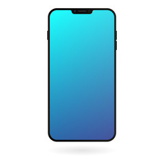 Smartphone mockup with blue gradient screen on white background. Black color digital gadget template. Modern phone. Vector illustration.