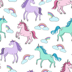 Seamless repeat pattern with pastel color unicorns and rainbow clouds. Great for a variety of kids projects or as a fun novelty for adult pajamas, lunch bags, cosmetic bags and towels!