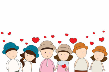 Background cartoon boys and girls wear a sweet color dress on the day of love. Concept flat style illustration valentine's day.
