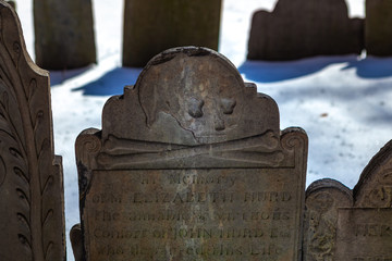 Boston, USA- March 01, 2019: picturesque Boston old graveyard with historic tombstones from the...