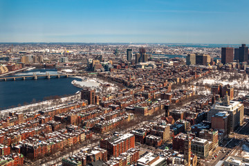 Fototapeta na wymiar Boston, USA- March 08, 2019: panorama, a view from the air on the snowy Boston streets, Massachusetts, United States.