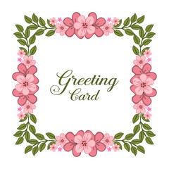 Vector illustration template of greeting card with frame flower pink bright and leaf green