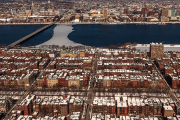 Boston, USA- March 08, 2019: panorama, a view from the air on the snowy Boston streets, Massachusetts, United States.