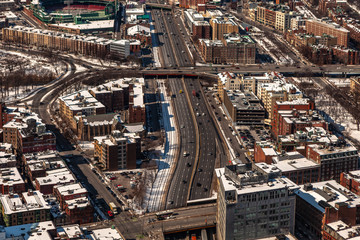 Boston, USA- March 08, 2019: panorama, a view from the air on the snowy Boston streets, Massachusetts, United States.