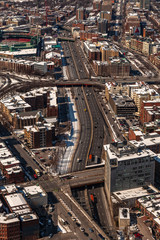 Obraz premium Boston, USA- March 08, 2019: panorama, a view from the air on the snowy Boston streets, Massachusetts, United States.