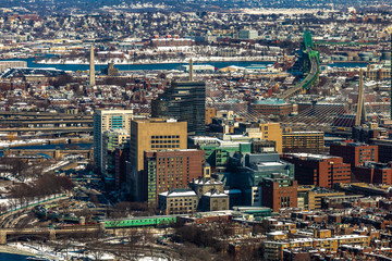 Obraz premium Boston, USA- March 08, 2019: panorama, a view from the air on the snowy Boston streets, Massachusetts, United States.