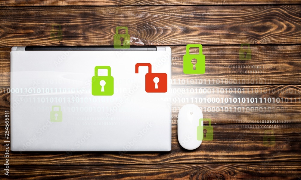 Poster laptop computer and mouse. isolated background