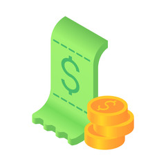 Cash voucher payment and gold coins stack isometric simple icon