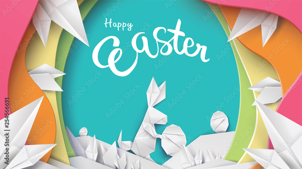 Wall mural 3d paper cut illustration of colorful easter rabbit, grass, flowers and egg shape. happy easter gree