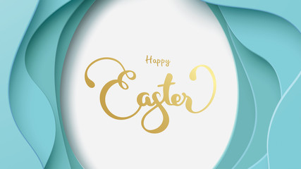 Happy Easter lettering background in egg shape frame with confetti, golden brush splash, light, stars, sparkling glamorous glow in the dark. - Vector