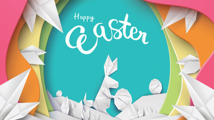 3d paper cut illustration of colorful easter rabbit, grass, flowers and egg shape. Happy easter greeting card template. - Vector