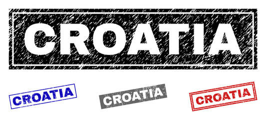 Grunge CROATIA rectangle stamp seals isolated on a white background. Rectangular seals with grunge texture in red, blue, black and gray colors.