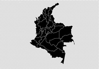 colombia map - High detailed Black map with counties/regions/states of colombia. Afghanistan map isolated on transparent background.