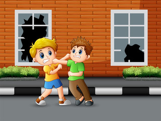 Cartoon two boys fighting on the road