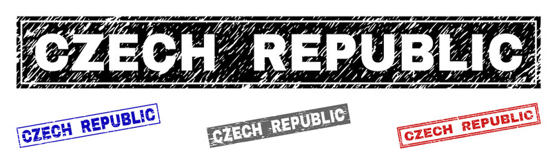Grunge CZECH REPUBLIC rectangle stamp seals isolated on a white background. Rectangular seals with grunge texture in red, blue, black and grey colors.