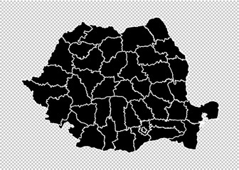 romania map - High detailed Black map with counties/regions/states of romania. romania map isolated on transparent background.