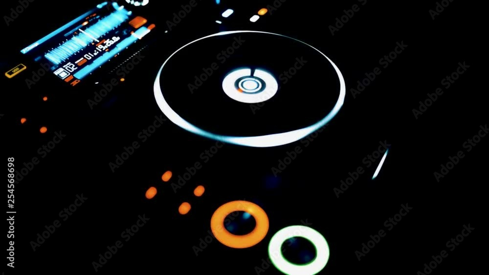 Poster turning modern digital dj cd player turn table device on table in disco