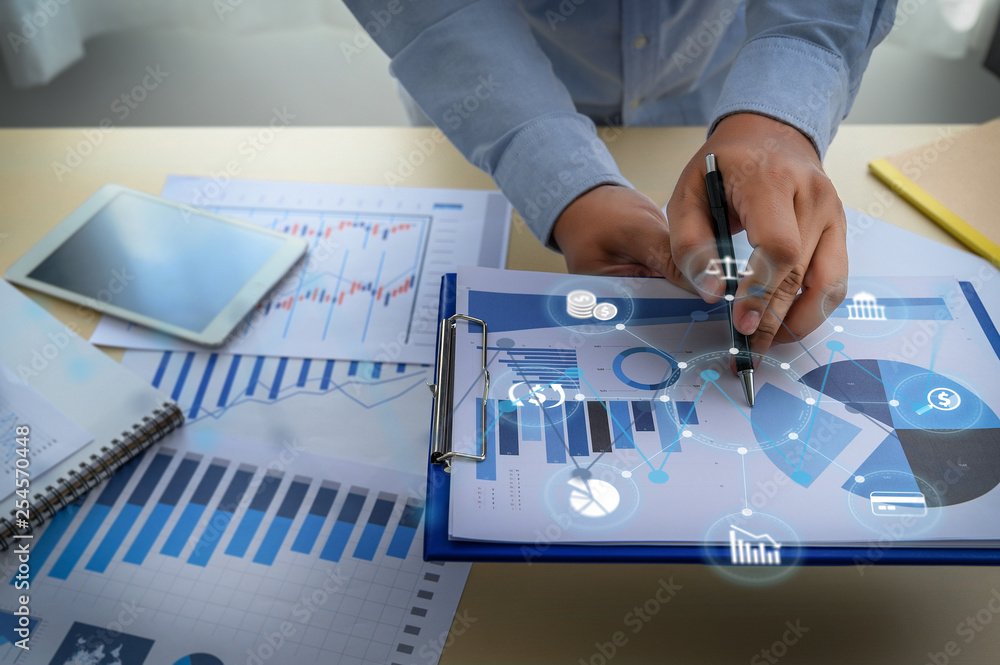 Poster business documents on office graph financial with social network diagram discussing data analysis da