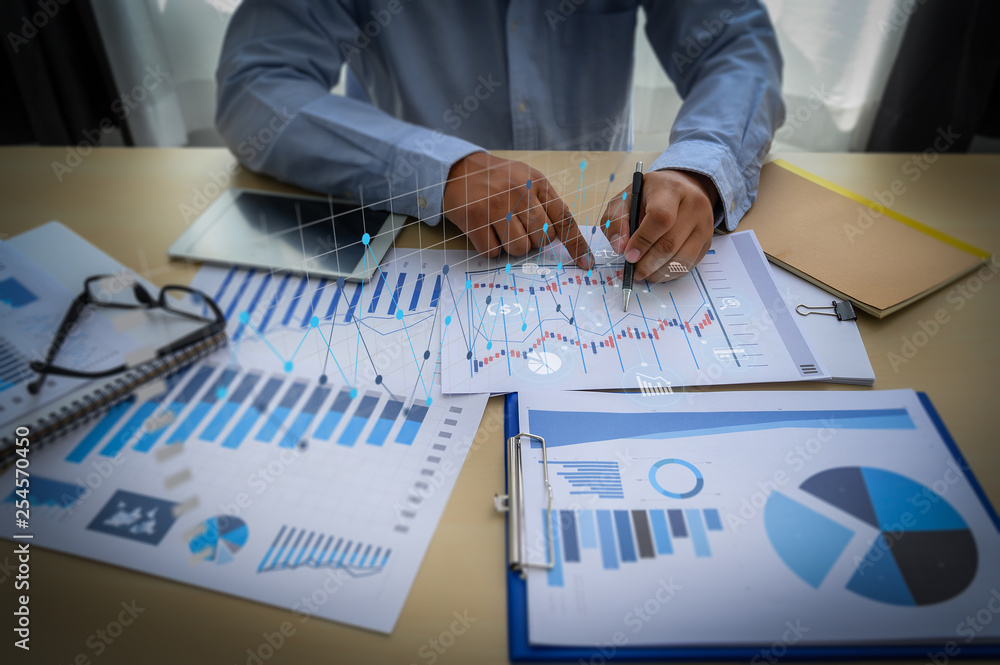 Poster business documents on office graph financial with social network diagram discussing data analysis da