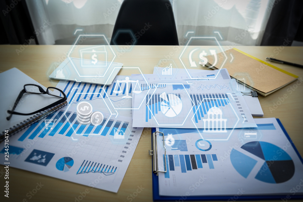 Poster business documents on office graph financial with social network diagram discussing data analysis da