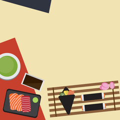 Japanese food time set with sushi, salmon sashimi, onigiri, sushi roll and green tea. Template for wallpaper, banner, website, cover and decorations. Top view flat style vector illustration. 