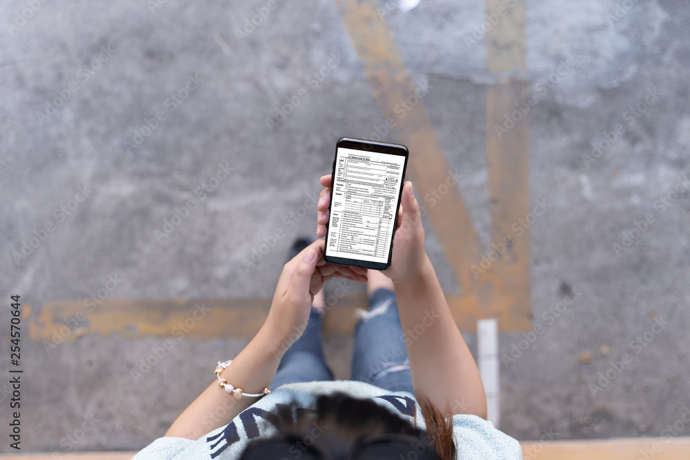 Poster woman using tablet instant messaging app on mobile