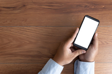 Man hand holding the black smartphone screen mockup