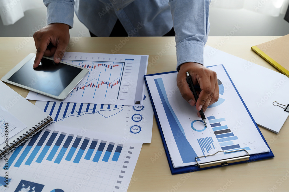 Poster business documents on office graph financial with social network diagram discussing data analysis da