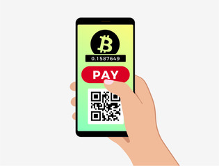 Bitcoin mobile payment concept. Mobile cryptocurrency with blockchain integration. Bitcoin payment, transaction or donation with qr-code and pay button on the smartphone screen.