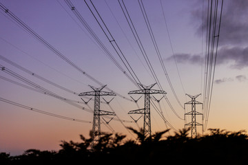 Electricity pylons hanging over natural landscape at dusk.