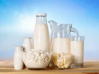 Dairy products on wooden table