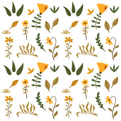 Seamless floral pattern with many kind of flowers and leaves on white background. Colorful trendy design for textile, background, poster, greeting or wedding card and decor. Vector Illustration.