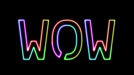 WOW - seven colors neon text, moving lights, on transparent background - Powered by Adobe