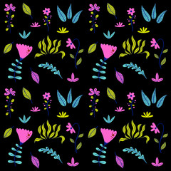 Seamless floral pattern with many kind of flowers and leaves on white background. Colorful trendy design for textile, background, poster, greeting or wedding card and decor. Vector Illustration.