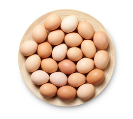 Eggs in plate isolated on white background. Top view.