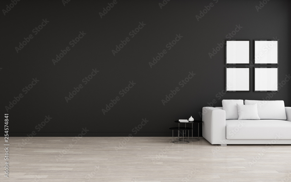 Aufkleber view of living room space with sofa set on black wall and white laminate floor.perspective of modern