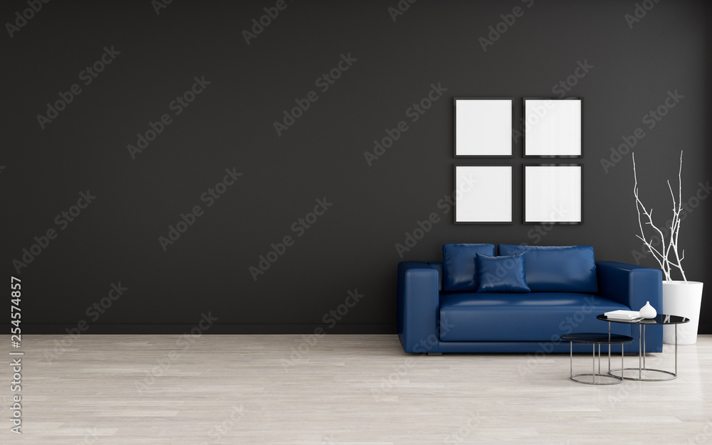 Aufkleber view of living room space with deep blue sofa on dark wall and white laminate floor.perspective of m