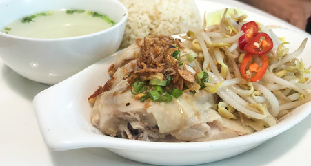 Ipoh style steam chicken rice with bean sprouts