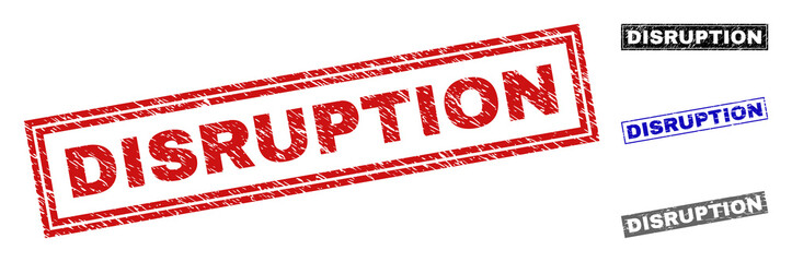 Grunge DISRUPTION rectangle stamp seals isolated on a white background. Rectangular seals with grunge texture in red, blue, black and grey colors.