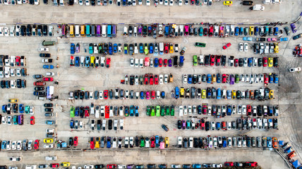 Aerial view car show on cement car parking.