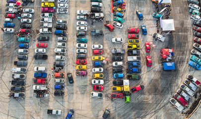 Aerial view car show on cement car parking.