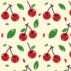 Colorful seamless pattern with fresh cherry, berries and leaves, cute tropical fruits background set with simple design for summer. Vector Illustration.