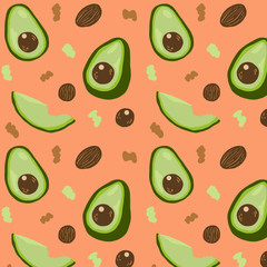 Colorful pattern with fresh green avocado and seeds, cute vegetable and fruits background set with simple design for summer. Vector Illustration.