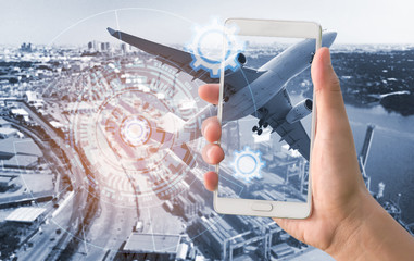 Hand man using smartphone with container cargo for logistic import export. Smart transportation concept .