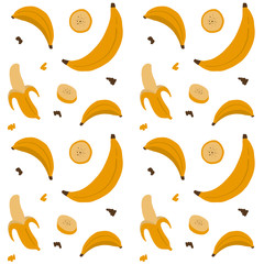 Colorful pattern with fresh yellow banana and sliced pieces, cute tropical fruits background set with simple design for summer. Vector Illustration.