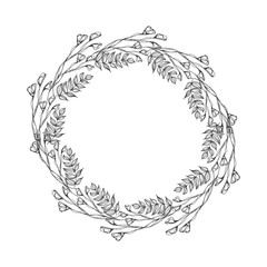 Vector flowers decorative wreath isolated on white background, round frame hand drawn Doodle vector sketch herbal line art graphic design for greeting card, invitation, wedding design