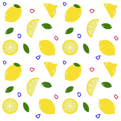 Colorful seamless pattern with fresh yellow lemon and leaves, cute tropical citrus fruits background set with simple design for summer. Vector Illustration.